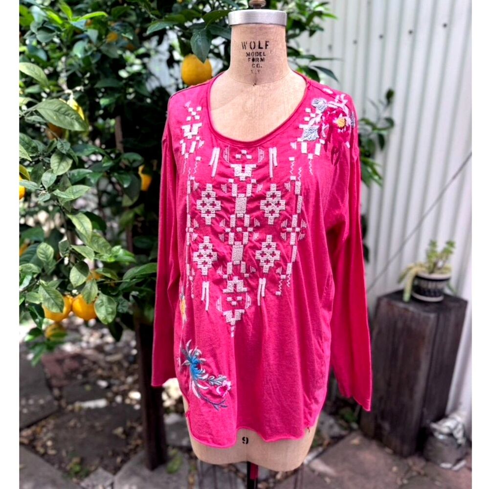 Johnny Was Boho Coral Red Pink Geometric Aztec Floral Embroidered LS Top Size M